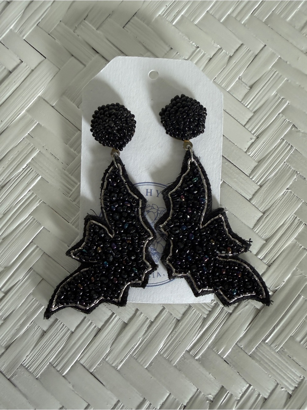 Black Beaded Bat Drop Earrings -